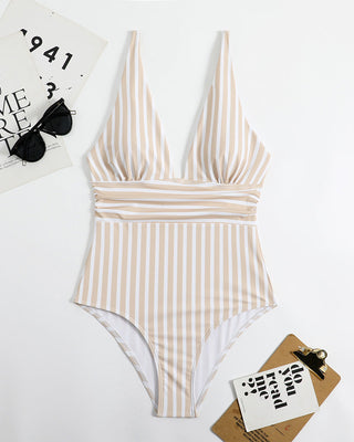 Gestreept Plunge Badpak – Diepe Hals & Verfijnde Zomerlook