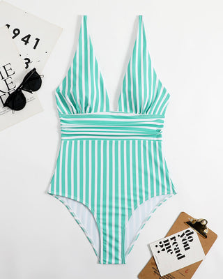 Gestreept Plunge Badpak – Diepe Hals & Verfijnde Zomerlook