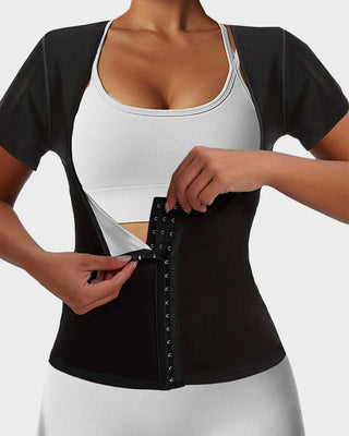 Dames Sauna Top met Korte Mouwen – Knopensluiting, Buste Support & Buikcontrole