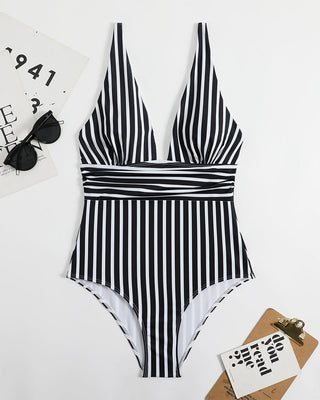 Gestreept Plunge Badpak – Diepe Hals & Verfijnde Zomerlook
