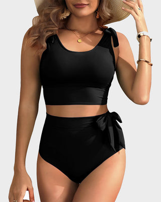 High-Waist Bikini Set met Dubbele Strikbandjes & Tummy Control