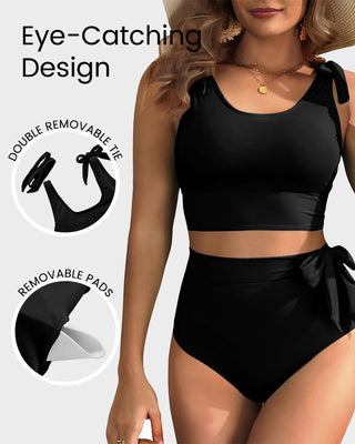 High-Waist Bikini Set met Dubbele Strikbandjes & Tummy Control