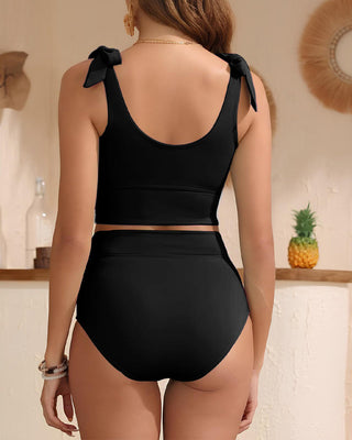 High-Waist Bikini Set met Dubbele Strikbandjes & Tummy Control