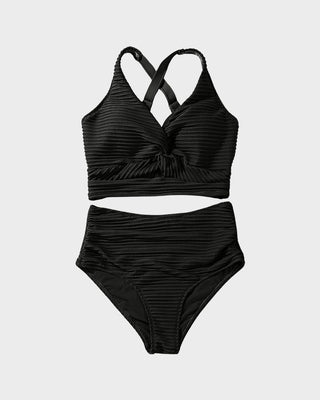 High-Waist Bikini Set met Getextureerde Knot-Front