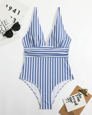 Gestreept Plunge Badpak – Diepe Hals & Verfijnde Zomerlook