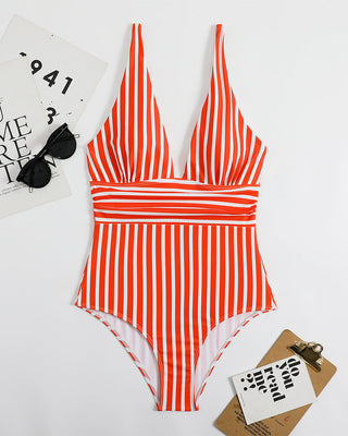 Gestreept Plunge Badpak – Diepe Hals & Verfijnde Zomerlook