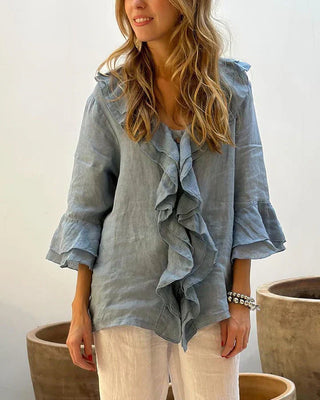 CORALIE | Linnen Blouse met Rimpels en Brede Mouwen