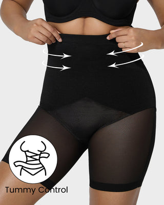 Hoge Taille Criss-Cross Mesh Corrigerende Shorts tot Halverwege het Bovenbeen