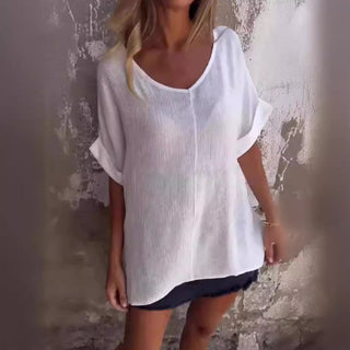 MARGRETH | V-hals T-shirt van Katoen en Linnenmix